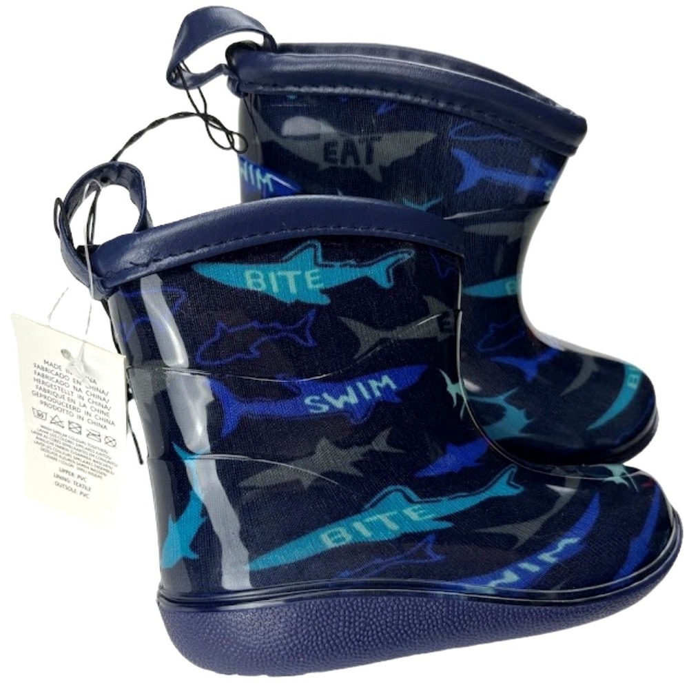 K KomForme Toddler Sz 5 Shark No Slip Rain Boots Blue Waterproof Pull On NWT